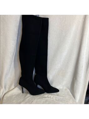 Sleek Black over knee fabric Boots with 4” Stiletto Heel